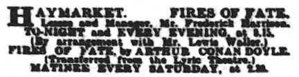 Ad for the transfer of the play from Lyric Theatre to Haymarket Theatre in London Daily News (12 august 1909, p. 1)