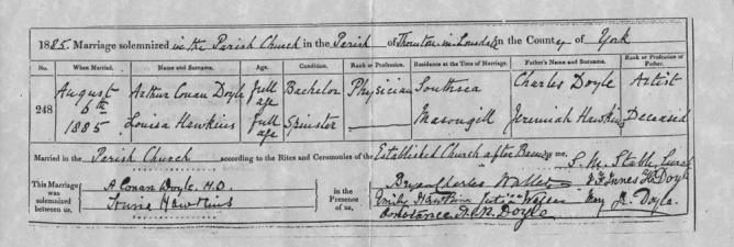 Marriage certificate of Arthur Conan Doyle and Louisa Hawkins (6 august 1885).