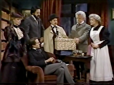 standing : Irene Adler (Victoria Jackson), Sir Reginald Musgrave (Kevin Nealon), Inspector Lestrade (Mike Myers), Dr. Watson (Phil Hartman), Mrs. Hudson (Jan Hooks)