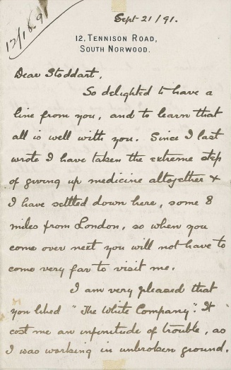 Letter to Mr Stoddart about an American historical novel (21 september 1891)