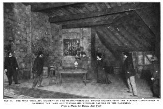 Act II. Th emost Thrilling incident in the drama — Sherlock Holmes escapes from the Stepney gas-chamber... From a Photo by Byron, New York.