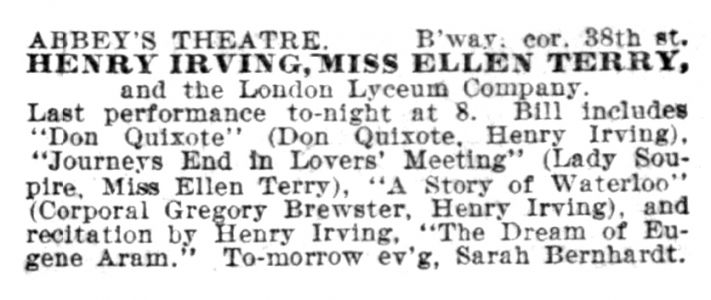 Last performance at The Abbey's Theatre (15 may 1896)