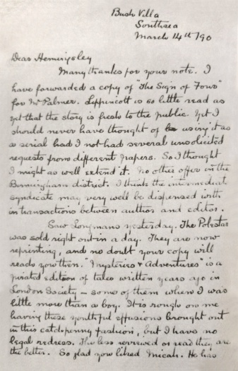 Letter to Mr. Hemingsley (14 march 1890)