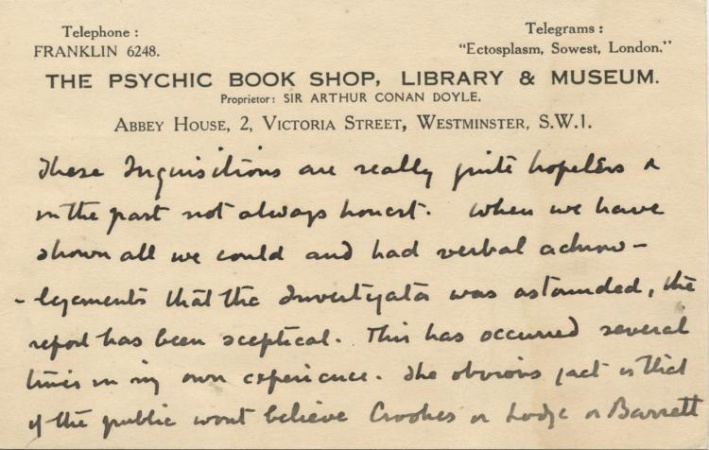 Postcard about Psychic Inquisitions (undated)