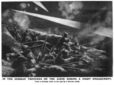 In the German trenches on the Aisne during a night engagement.