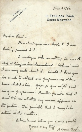 Letter to John Reid about Holmes drama (3 june 1894)