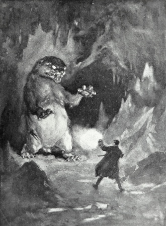 "He had reared up on his hind legs as a bear would do, and stood above me, enormous, menacing." Illustration by Harry Rountree (Doubleday, Page & Co., 1911)