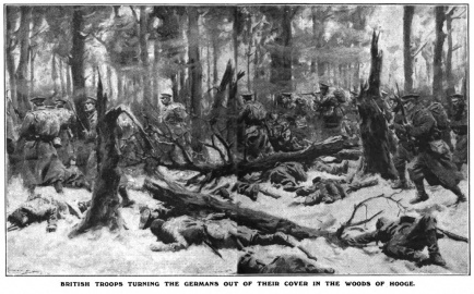 British troops turning the Germans out of their cover in the woods of hooge.