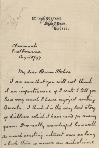 Letter from Arthur Conan Doyle to Bram Stoker (20 august 1897)