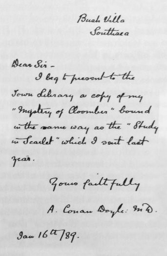 Letter to Portsmouth Library about The Mystery of Cloomber (19 january 1889)