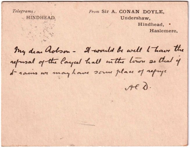 Postcard to Mr Robson about a hall in town (5 september 1904)