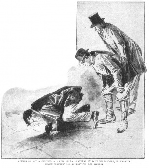Holmes fell upon his knees upon the floor, and, with the lantern and a magnifying lens, began to examine minutely the cracks between the stones.