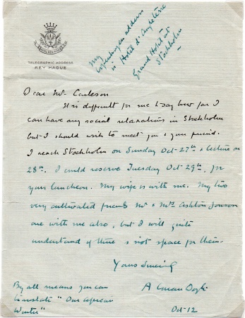 Letter to Mr Carleson (12 october 1929)