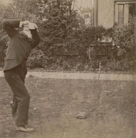 Arthur Conan Doyle playing golf (probably in Switzerland). The photo was attached in a letter written by Conan Doyle.