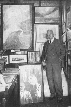 Arthur Conan Doyle standing in his Psychic Museum (ca. 1925).