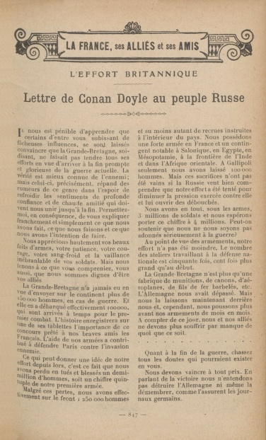 La Grande Guerre par les Grands Écrivains (5 february 1917, p. 847) Lettre de Conan Doyle au peuple Russe