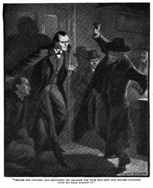 Before our prisoner had recovered his balance the door was shut and Holmes standing with his back against it.
