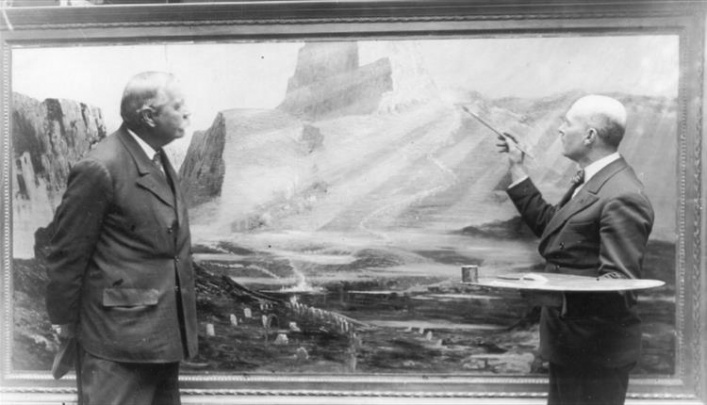 Arthur Conan Doyle with Captain William Longstaff who is adding detail to his painting The Eternal March (april 1928).