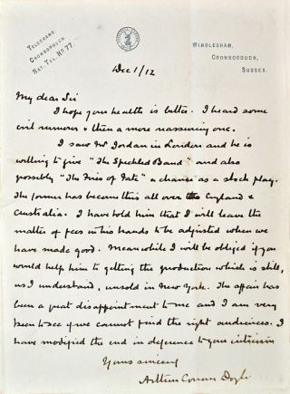 Letter about The Speckled Band and Fires of Fate (1 december 1912)